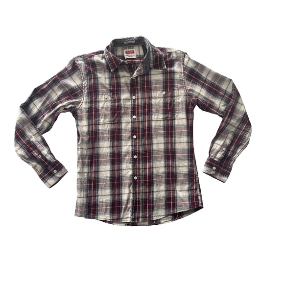 Wrangler Size M Long Sleeve Button Up Shirt Plaid‎ Maroon Blue Cream Comfort - Picture 1 of 7